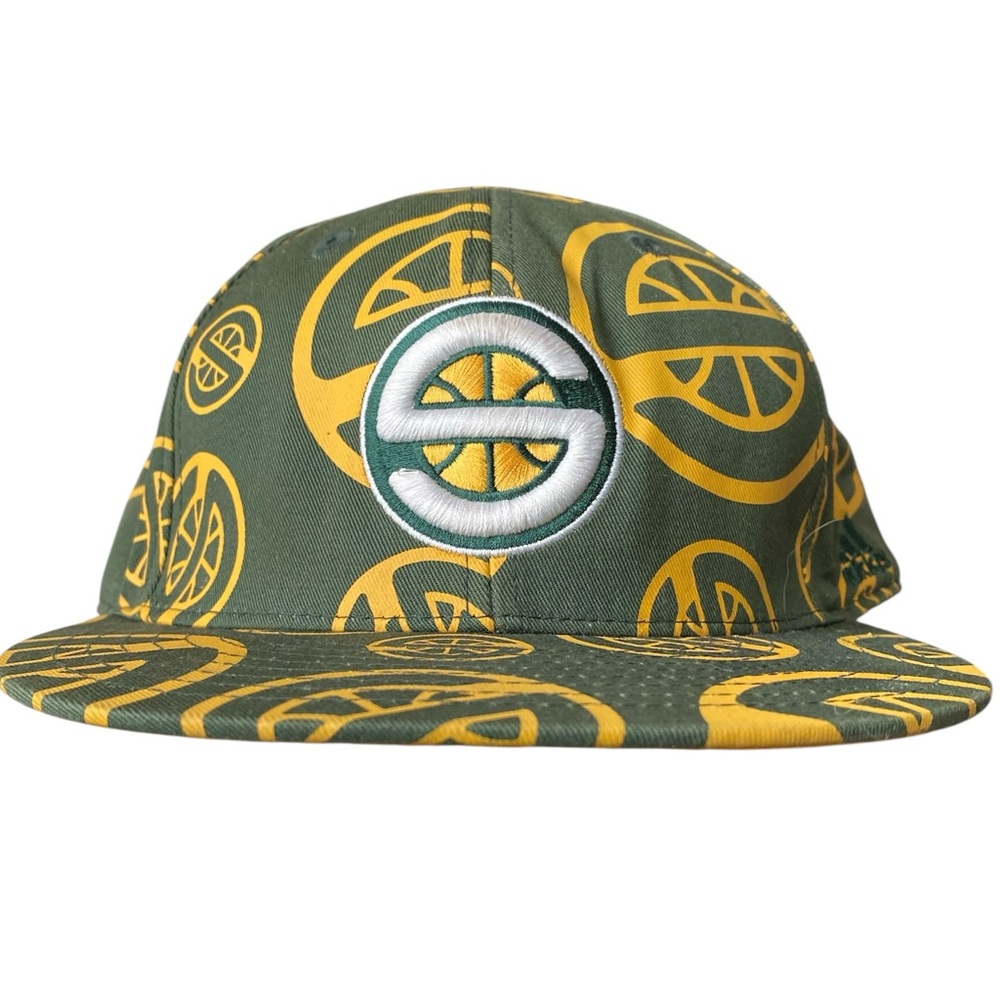 Rare Seattle Supersonics Adidas Fitted Hat Size 8 ALL Over Logo Green Yellow